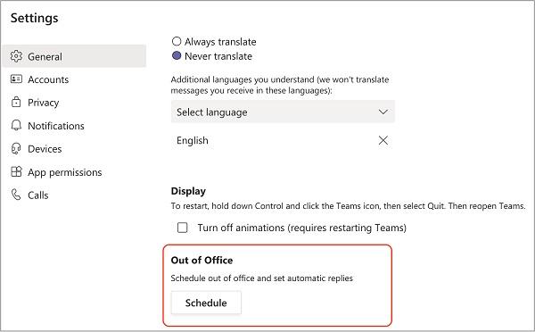 set out of office teams mobile app